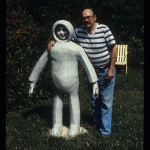 Outsider artist Dow Pugh, of Monterey, with his concrete figure of a spaceman that was exhibited at the 1982 Knoxville World’s Fair.  Photo by Robert Cogswell, 1985.