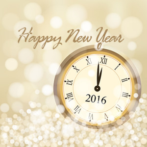 2016 New Year greeting card with glittering golden background and vintage clock, countdown concept, vector illustration