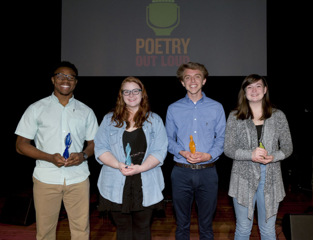 2017 Poetry Out Loud Winners, L to R: Marquavious Moore, state champion; Addisyn Bryant, first runner-up; Brennen Humphreys, second runner-up; Michelle Mellard, third runner-up.
