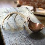 Copper Nut Bowl with Antler Handle, Hand-formed and planished copper with naturally-shed antler with scrimshaw details, 19 x 6 x 6.25 inches