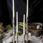 Silver Crunched Candlesticks (Set of 4), Silver pipes crushed and soldered onto silver triangle stands, various heights of 7, 8, 2 x 15 inches
