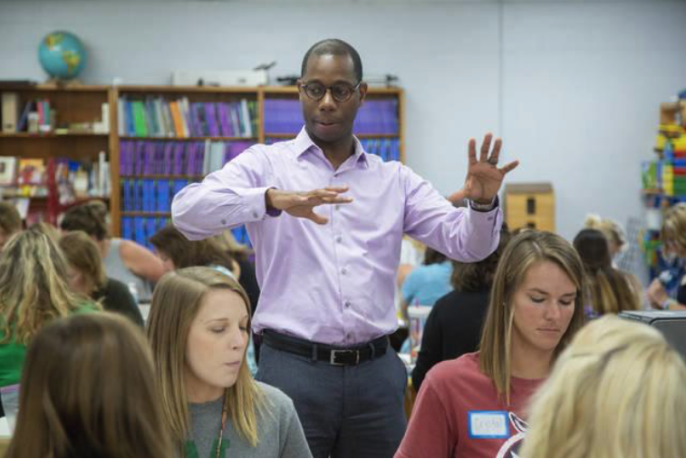 James Wells, an innovative teaching and learning manager with Crayola, leads a professional development session with MCPS educators at Brown Elementary in Columbia. Photo by Mike Christen.