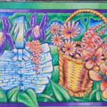 A mural shows two baskets filled with colorful flowers, including purple irises and orange daisies, set against a vibrant outdoor background with green grass, trees, and a river.
