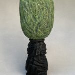 Cherry, turned, carved and colored, the base is Pear that was turned, then carved and colored, 4 x 7 inches
