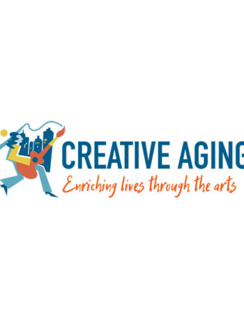 Logo with a blue figure playing a guitar, featuring a cityscape and trees on its body. Next to it, text reads CREATIVE AGING with Enriching lives through the arts written in orange script below.