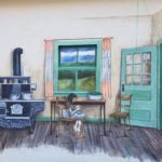 A mural depicts a woman standing by a black wood stove and a young girl seated at a table in a room with wooden chairs, an open door, and a window showing green hills and mountains outside.