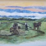 A mural depicts a man operating a traditional threshing machine powered by a horse walking in a circle in a green field, with mountains and a colorful sky in the background.