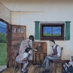 A mural depicts a family in a room gathered around an old-fashioned radio. Two adults and two children are present, with a door open to the outdoors and a window showing green hills under a blue sky.