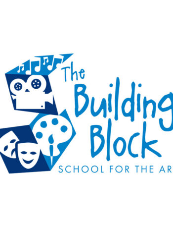 Logo for The Building Block School for the Arts, featuring blue geometric shapes with images of an owl, music notes, painters palette, and theatre masks, and the school name in blue stylized text.