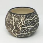 white stoneware with black and brown slips  6 x 4 inches
