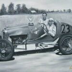 This painting depicts top driver and mechanic Charlie Wiggins and his wife Roberta after his first Gold and Glory Sweepstakes victory in 1926. His homemade race car was known as the Wiggins Special.