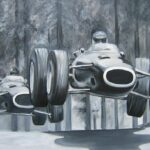 A painting of Formula 1 race cars flying. 
