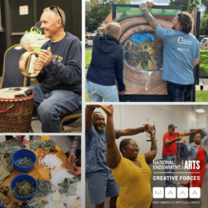 A collage shows people drumming, painting a mural, creating art with paper, and dancing. National Endowment for the Arts, Creative Forces, and Mid-America Arts Alliance logos are included.