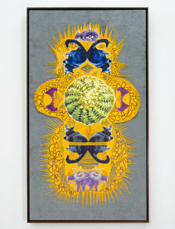 Johana Moscoso, Historia de fauna y flora 2, 2025, Embroidered Tapestry, Mola technique, hand and machine stitch, Colombian Calado (drawn thread embroidery) on canvas, 55 x 31 x 2 inches