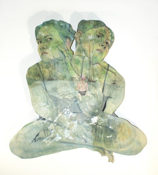 Kelly Cook, Waterways (self portrait), 2025, watercolor and gouache on wood, 27 x 25.5 inches