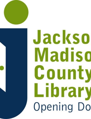Logo for Jackson-Madison County Library featuring a stylized letter J with an open door design, a green dot above, and the text Jackson-Madison County Library Opening Doors.