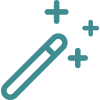 A teal icon of a magic wand with three sparkling stars around it, set against a light gray background.