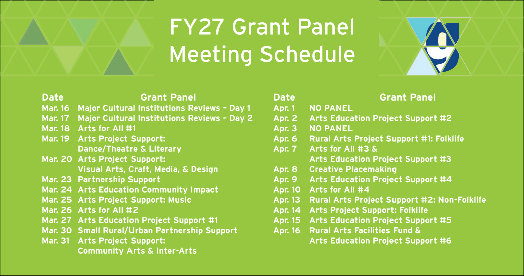A green schedule lists FY27 Grant Panel meeting dates, grant panel names, and notes for March and April. The schedule is organized in two columns under the headings Date and Grant Panel. Geometric designs decorate the top.