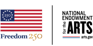 A stylized American flag with 250 in a blue circle of stars next to the text Freedom 250, alongside the National Endowment for the Arts logo and the web address arts.gov.