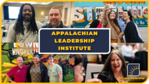 A collage features four photos of people smiling and interacting, with a central sign reading “Appalachian Leadership Institute.” The ARC logo and website “arc.gov/leadership” appear in the bottom right corner.