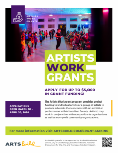 A flyer for Artists Work Grants features people on a stage with colored lighting. Text explains the grant offers up to $5,000 for artists, with details about application dates and eligibility. The ArtsBuild logo is at the bottom.