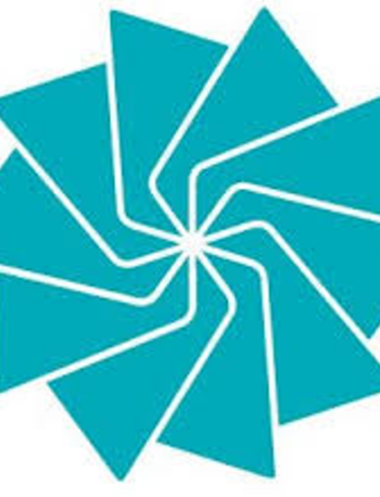 A teal geometric shape composed of eight triangular segments arranged in a circular, pinwheel-like pattern on a white background.