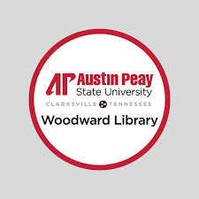 Logo for Austin Peay State University in Clarksville, Tennessee, with text reading Woodward Library inside a red-bordered circle on a light gray background.