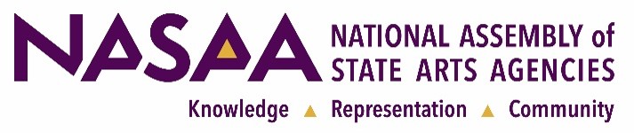 NASAA logo with the text National Assembly of State Arts Agencies and the words Knowledge, Representation, and Community separated by yellow triangles below.
