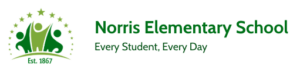 Logo for Norris Elementary School with green text reading Norris Elementary School and Every Student, Every Day. To the left, three green figures and stars are arranged above the words Est. 1867.