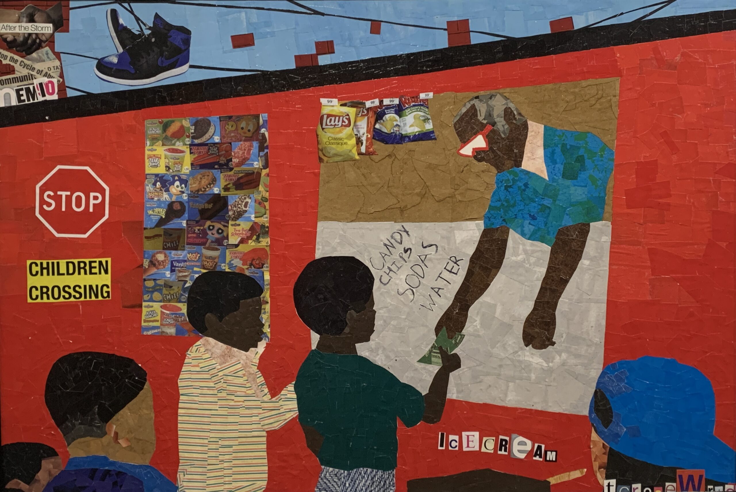 A collage shows children buying snacks from a vendor at a red stand. The vendor’s menu lists candy, sodas, and water. A Children Crossing sign, snack bags, and shoes are visible in the background.