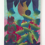 A rectangular painting shows a blue background with abstract flowers, plants, and floating shapes in yellow, pink, and green. The left corner has yellow flowers and petals, and the right side displays various green stems and blossoms.