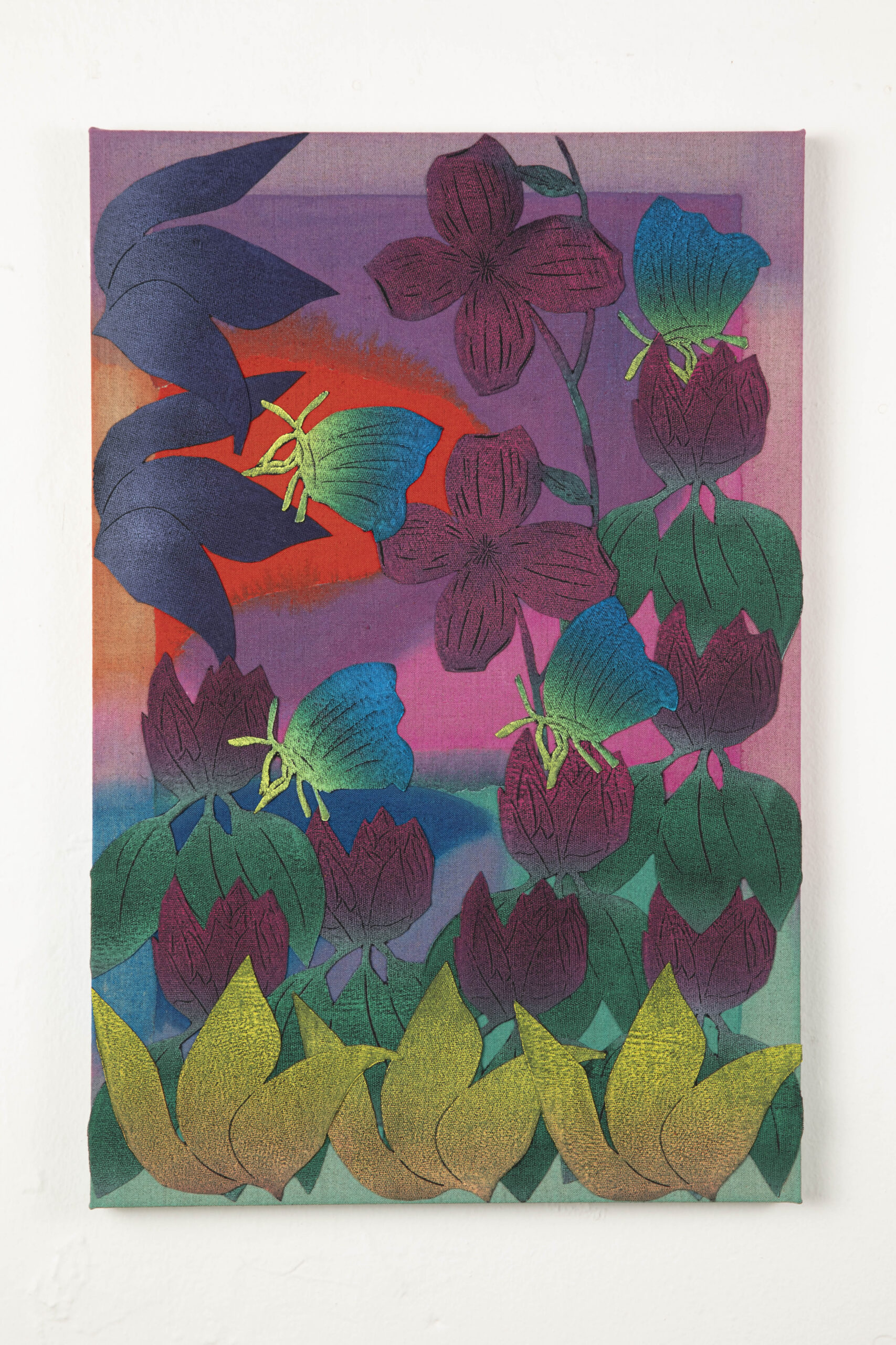 A colorful painting on canvas features stylized blue-green butterflies, deep purple and red flowers, and layered green and yellow leaves against a gradient background of purple, pink, and an orange sunburst shape.