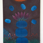 A rectangular painting shows a blue background with abstract flowers, plants, and floating shapes in yellow, pink, and green. The left corner has yellow flowers and petals, and the right side displays various green stems and blossoms.