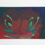 A rectangular painting shows a blue background with abstract flowers, plants, and floating shapes in yellow, pink, and green. The left corner has yellow flowers and petals, and the right side displays various green stems and blossoms.