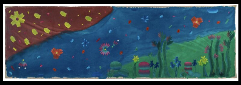 A rectangular painting shows a blue background with abstract flowers, plants, and floating shapes in yellow, pink, and green. The left corner has yellow flowers and petals, and the right side displays various green stems and blossoms.