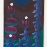 A rectangular painting shows a blue background with abstract flowers, plants, and floating shapes in yellow, pink, and green. The left corner has yellow flowers and petals, and the right side displays various green stems and blossoms.