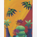 A rectangular painting shows a blue background with abstract flowers, plants, and floating shapes in yellow, pink, and green. The left corner has yellow flowers and petals, and the right side displays various green stems and blossoms.