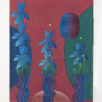 A rectangular painting shows a blue background with abstract flowers, plants, and floating shapes in yellow, pink, and green. The left corner has yellow flowers and petals, and the right side displays various green stems and blossoms.