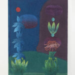 A rectangular painting shows a blue background with abstract flowers, plants, and floating shapes in yellow, pink, and green. The left corner has yellow flowers and petals, and the right side displays various green stems and blossoms.