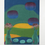 A rectangular painting shows a blue background with abstract flowers, plants, and floating shapes in yellow, pink, and green. The left corner has yellow flowers and petals, and the right side displays various green stems and blossoms.