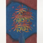 A rectangular painting shows a blue background with abstract flowers, plants, and floating shapes in yellow, pink, and green. The left corner has yellow flowers and petals, and the right side displays various green stems and blossoms.
