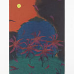A rectangular painting shows a blue background with abstract flowers, plants, and floating shapes in yellow, pink, and green. The left corner has yellow flowers and petals, and the right side displays various green stems and blossoms.