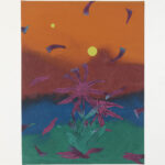 A rectangular painting shows a blue background with abstract flowers, plants, and floating shapes in yellow, pink, and green. The left corner has yellow flowers and petals, and the right side displays various green stems and blossoms.