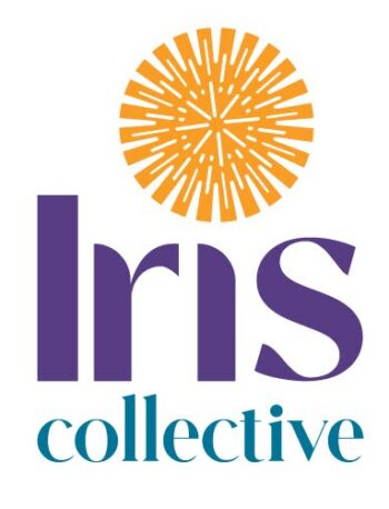 Logo with the word Iris in large purple letters and collective in smaller teal letters underneath. An orange circular burst design appears above the text. White background.