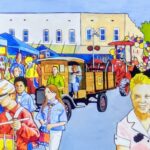 A colorful parade with people walking, a vintage truck, a red tractor decorated with balloons, and tents lining the street in front of a two-story building on a sunny day.