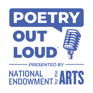 Blue text reads POETRY OUT LOUD with a vintage microphone graphic, followed by Presented by National Endowment for the Arts, against a light background.